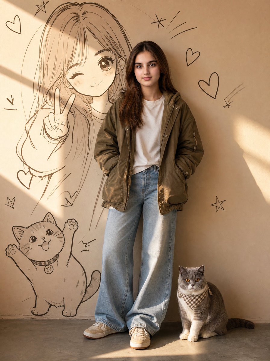 Real Girl in Anime Mural Room