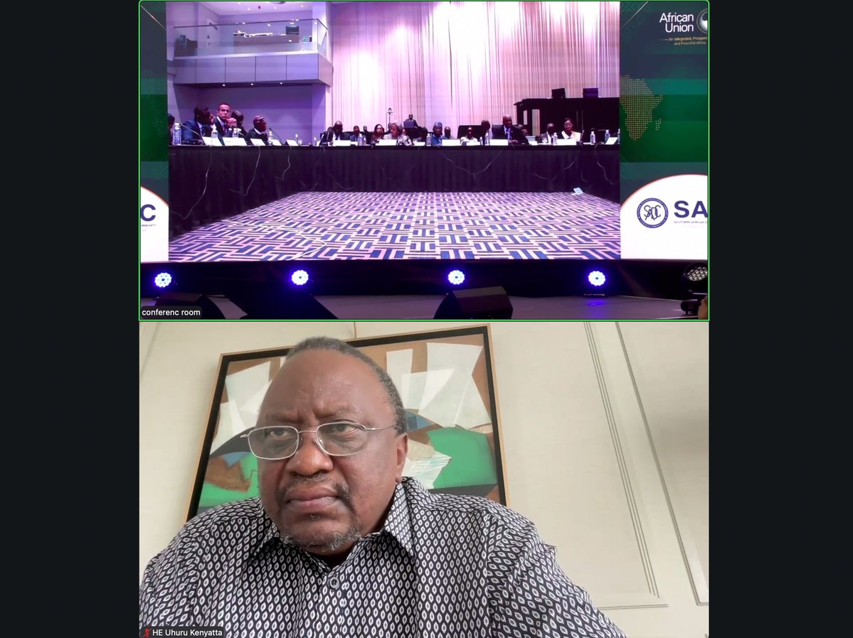 KanzeDena's tweet photo. Former President Uhuru Kenyatta earlier today virtually attended a High-Level Harmonization Meeting of the AU Panel of Facilitators for the Eastern DRC Peace Process and the Independent Joint Secretariat (IJS) Implementation of the Eastern DRC Peace Process.

The meeting brought together the AU Panel of Facilitators, comprising former Presidents Olusegun Obasanjo (Nigeria), Sahle-Work Zewde (Ethiopia), Catherine Samba-Panza (Central African Republic), and Mokgweetsi Masisi (Botswana). Also in attendance were representatives from the African Union (AU), Southern African Development Community (SADC), East African Community (EAC), International Conference on the Great Lakes Region (ICGLR), representatives of the State of Qatar, and the United States, underscoring the shared commitment of regional and international partners to advancing a sustainable and inclusive peace process in eastern DRC.

The meeting, held in Gaborone, Botswana, reaffirmed the collective resolve of the African Union, regional economic communities, and international partners to strengthen coordination, accelerate implementation of agreed peace initiatives, and support the AU Mediator in advancing a credible and sustainable pathway toward peace, stability, and security in eastern DRC. 

#DRCPeaceProcess #AUPeaceEfforts