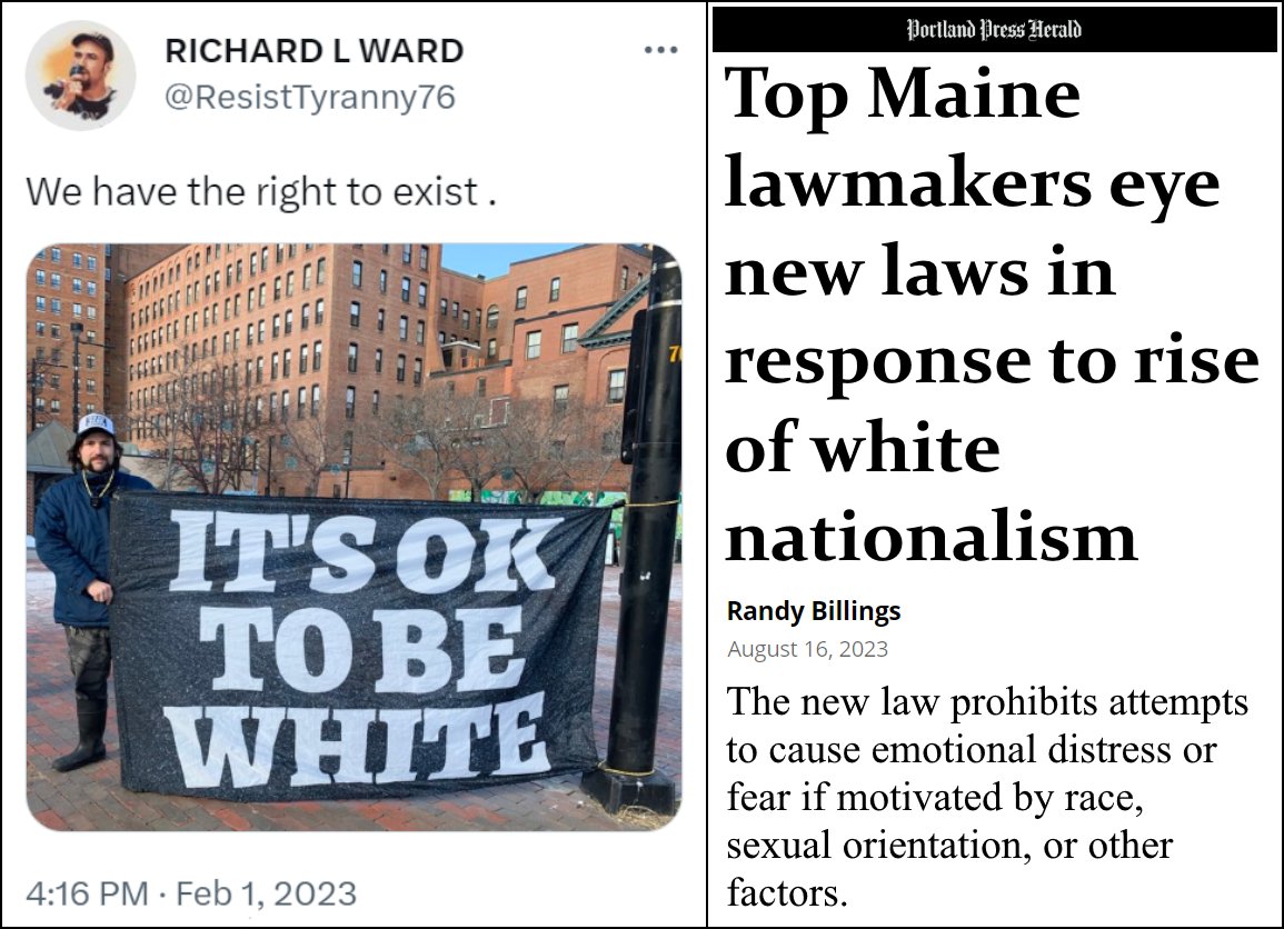 TooWhiteToTweet's tweet photo. In the wake of the Shiloh Hendrix trial in Minnesota, and with rising awareness that White people no longer have Constitutional rights, it's worth pointing out that the state of Maine (another Somali hotspot) has already effectively abolished the First Amendment.

In February 2023, a White man, Richard Ward, appeared in Portland with a banner that read "It's Okay To Be White." In response, the city of Portland held an emergency meeting. A community event was organized to "rally against racism." Richard Ward was hunted down and violently assaulted by members of Antifa. And, in August 2023, the state enacted a new law making it a "civil rights" violation to cause "emotional distress motivated by reason of race, color, religion, sex, ancestry, national origin, physical or mental disability, sexual orientation, or gender identity."

You've read the sequence of events correctly. The appearance of those five words - "It's Okay To Be White" - led a US state to overturn the First Amendment, and no one seems to have noticed.

Object to the War On White People? Maine will punish you.

Object to the Gender Revolution? Maine will punish you.

Never will this be used to protect White children in Maine against anti-White public school programming. Never will it be used to protect White college applicants discriminated against in admissions for being White. Never will it protect White Mainers from being discriminated against in hiring or advancement.

But the moment a non-White person in Maine claims that a White person's words hurt their feelings? The full weight of Maine's legal system will come crashing down upon that White person.

Only non-Whites, homosexuals, and genderclowns will have legal standing to wage lawfare against normal Mainers who expresses a normal thoughts.

Maine, of course, is far from the only US state that polices the language of White people, but it's unique in its incorporation of "emotional distress" into the statutory standard for civil rights enforcement. With this, Maine is the first state to literally establish the Feelings Police.

And this statute isn't simply sleeping on the books. No, Maine is proactively persecuting White people with it. Maine has filed against numerous White individuals, including a couple who allegedly used "racial slurs" on their Congolese neighbors after the landlord refused to address the relentless Congolese noise coming from their unit, and a man who allegedly sent "xenophobic messages" to a Congolese contractor that scammed him.

Congolese noise pollution? No problem.

Congolese contractor scams? A-okay.

White people reacting to either? CIVIL RIGHTS VIOLATION!

So please understand that Shiloh Hendrix is not a unique case. This doesn't make what's happening to her any less evil, but we need to realize just how widespread these circumstances truly are.

If you're White, you're a sitting duck for a sadistically anti-White legal system. You can set aside your Red State / Blue State delusion here, because this happens everywhere. Some of the "reddest" states have some of the most aggressive "hate crime" enforcement anywhere in the country.

"Try that in a small town?"

They do. Every day. Successfully. They literally plant Third Worlders in our small towns and then punish us for blinking at them.

Some places are less bad than others, but there's no ultimate escape.

It's time to overcome the cope and start facing down the monster we're actually faced with.