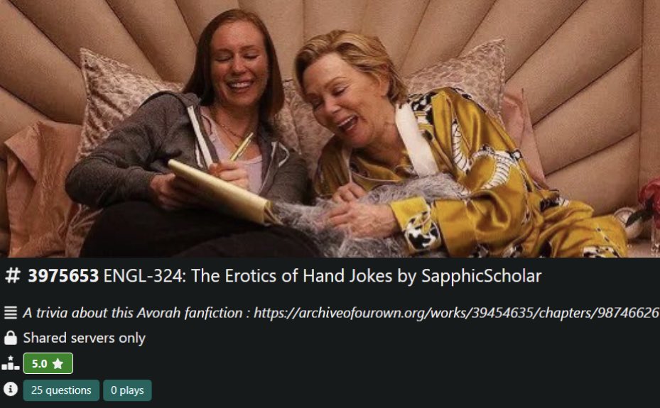 AvorahBookClub's tweet photo. https://t.co/nlOeF7I2np

Avorah Trivia about “ENGL-324: The Erotics of Hand Jokes” by SapphicScholar today :

11:00 PM Europe
2:00 PM West Coast
5:00 PM East Coast

Don’t hesitate to join! ❤️ https://t.co/EXrzUajpWk