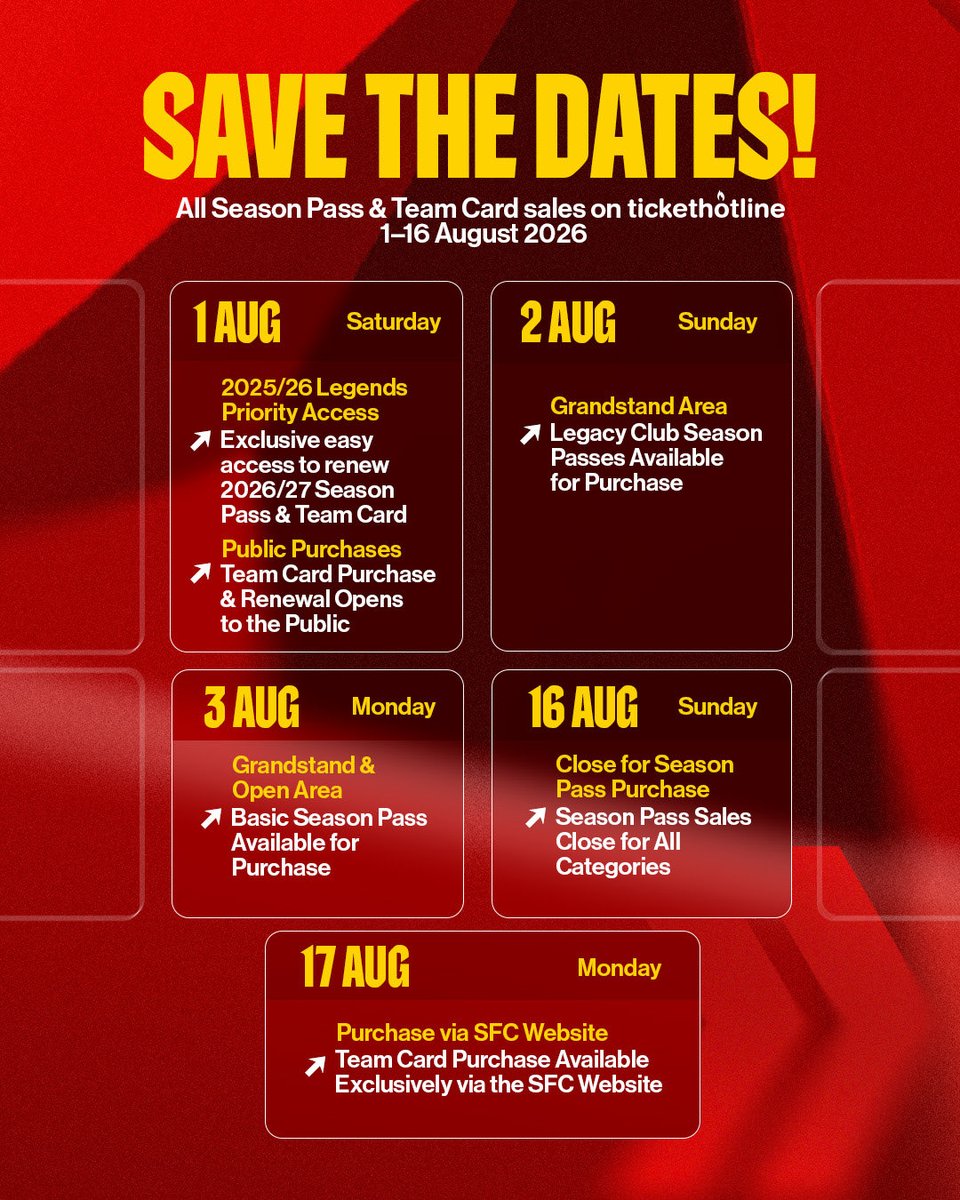 selangorfc's tweet photo. 📢 𝙃𝙚𝙖𝙙𝙨 𝙪𝙥 #𝙍𝙚𝙙𝙂𝙞𝙖𝙣𝙩𝙨! ‼️ 

ℹ️ Keep these important dates in mind and discover everything you need to know about securing your RGTC and SFC Season Pass 2026/27. 📅

💳 Buy Now, Pay Later options are also available! (𝗦𝗣𝗮𝘆𝗟𝗮𝘁𝗲𝗿, 𝗚𝗿𝗮𝗯 𝗣𝗮𝘆𝗟𝗮𝘁𝗲𝗿 & 𝗖𝗿𝗲𝗱𝗶𝘁 𝗖𝗮𝗿𝗱)

#SelangorFC #ThisIsSelangor
#HeritageRedefined #RGTC2026/27 
#SFCSeasonPass