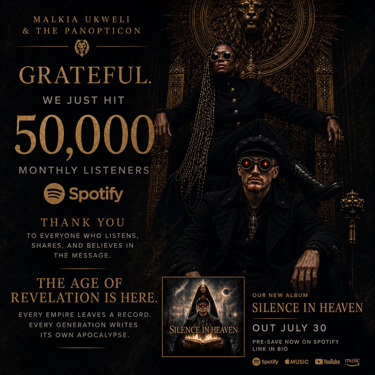 dgrs_labs's tweet photo. 𝟓𝟎,𝟎𝟎𝟎.

We’re honestly humbled.

What began as an experiment in storytelling has grown into a community of more than 𝟓𝟎,𝟎𝟎𝟎 𝐦𝐨𝐧𝐭𝐡𝐥𝐲 𝐥𝐢𝐬𝐭𝐞𝐧𝐞𝐫𝐬 on Spotify.

Thank you for every stream, every playlist add, every share, every conversation, and every person who has taken the time to listen deeply. Independent artists don’t reach milestones like this without people who believe in what they’re creating.

𝐓𝐡𝐢𝐬 𝐰𝐞𝐞𝐤 𝐟𝐞𝐞𝐥𝐬 𝐞𝐬𝐩𝐞𝐜𝐢𝐚𝐥𝐥𝐲 𝐦𝐞𝐚𝐧𝐢𝐧𝐠𝐟𝐮𝐥 𝐛𝐞𝐜𝐚𝐮𝐬𝐞 𝐰𝐞’𝐫𝐞 𝐚𝐛𝐨𝐮𝐭 𝐭𝐨 𝐛𝐞𝐠𝐢𝐧 𝐨𝐮𝐫 𝐛𝐢𝐠𝐠𝐞𝐬𝐭 𝐜𝐡𝐚𝐩𝐭𝐞𝐫 𝐲𝐞𝐭.

𝐓𝐡𝐞 𝐀𝐠𝐞 𝐨𝐟 𝐑𝐞𝐯𝐞𝐥𝐚𝐭𝐢𝐨𝐧 𝐢𝐬 𝐇𝐞𝐫𝐞.

Every empire leaves a record.
Every generation writes its own apocalypse.

Our new album, 𝐒𝐢𝐥𝐞𝐧𝐜𝐞 𝐢𝐧 𝐇𝐞𝐚𝐯𝐞𝐧, arrives 𝐉𝐮𝐥𝐲 𝟑𝟎.

It’s part musical, part theatrical production, and part meditation on surveillance, artificial intelligence, faith, power, and what it means to remain human in an age that increasingly asks machines to dream for us.

Whether you’ve been with us from the beginning or you’ve only just discovered our music, thank you for becoming part of this story.

𝐓𝐡𝐞 𝐬𝐢𝐥𝐞𝐧𝐜𝐞 𝐢𝐬 𝐚𝐥𝐦𝐨𝐬𝐭 𝐨𝐯𝐞𝐫.