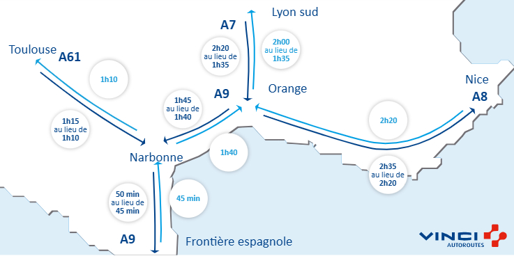 A9Trafic's tweet photo. #VINCIAutoroutes vous informe sur vos conditions de circulation, pour #BienVoyager. #Infotrafic à 17h00 ⏱️ Vos temps de parcours sur @A7Trafic, @A8Trafic, @A9Trafic et @A61Trafic. #A9 https://t.co/B7622gske2