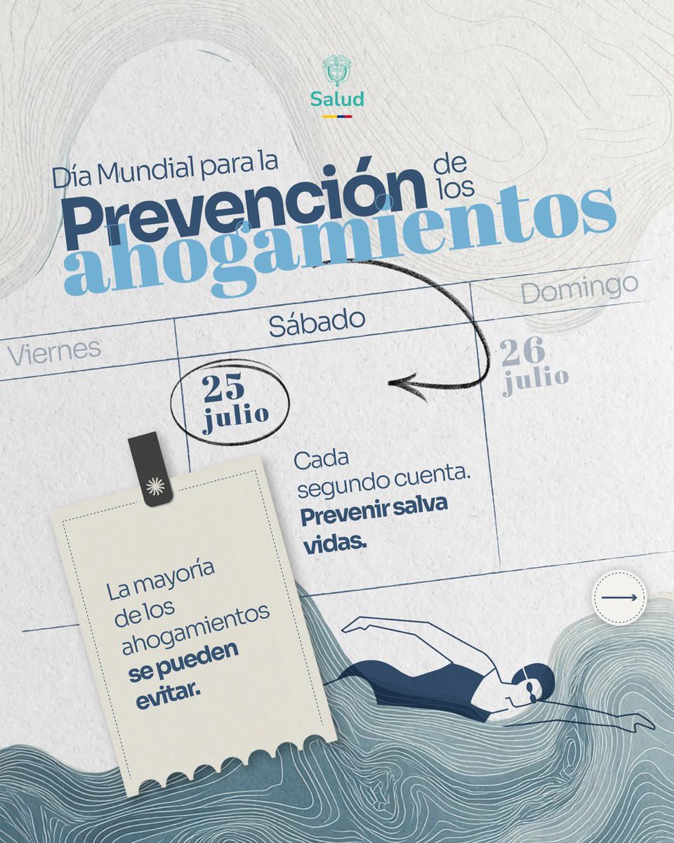MinSaludCol's tweet photo. En el marco del Día Mundial para la Prevención de los Ahogamientos, el Ministerio de Salud y Protección Social recuerda que la mayoría de estas muertes son prevenibles mediante acciones sencillas como la supervisión permanente de niños y niñas, el uso de chalecos salvavidas, la enseñanza de la natación y la implementación de barreras de protección en cuerpos de agua. Prevenir, salva vidas.

#DíaMundialDePrevenciónDeAhogamientos