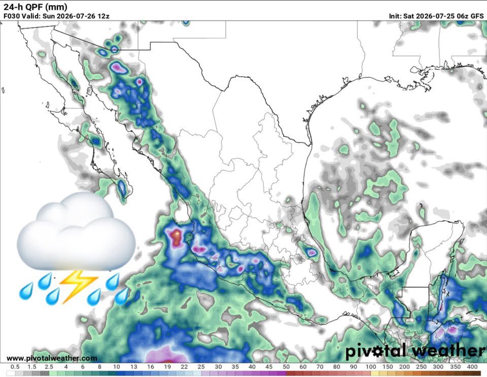 InfoMeteoro's tweet photo. ✅PRONÓSTICO VIERNES SÁBADO 25/JUL/2026 

“Monzón activo y onda tropical en el sureste favoreciendo lluvias, persistiendo calor en gran parte de #México…” 

⛈️LLUVIAS Y TORMENTAS C/GRANIZO

🔴EVENTOS MÁS INTENSOS🔴
-Son, Sin, Nay, Jal, Col, Mich, Gro

🟡EVENTOS AISLADOS FUERTES
-BC, BCS, Tamps, EdoMex, CDMX, Tlax, Oax, Ver, Tab, Chis, QRoo, Yuc, Camp, Huasteca y montañas Chih, Dgo, Mor, Pue, Qro, Hgo

🌡️AMBIENTE DIURNO☀️
♨️🔥 >45ºC norte de BC-Son
🔥41-45ºC BC, BCS, Son, Sin, Coah, NL, Tamps, Mich, Gro, Tab, Camp, Yuc
🥵36-40ºC noroeste, norte, noreste, sureste
🥵26-35ºC Pacífico sur, oriente, Bajío, Occidente, Centro

⚠️🌬️RÁFAGAS DE VIENTO km/h
35-60 estados del norte, centro, sureste, siendo mayores en zonas de tormenta