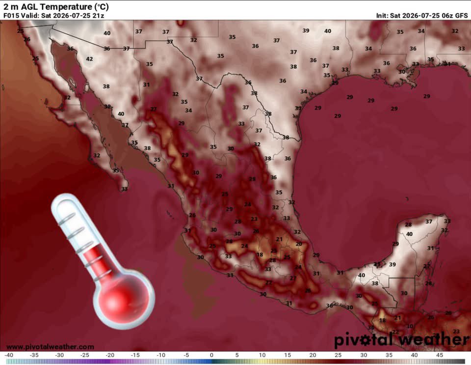 InfoMeteoro's tweet photo. ✅PRONÓSTICO VIERNES SÁBADO 25/JUL/2026 

“Monzón activo y onda tropical en el sureste favoreciendo lluvias, persistiendo calor en gran parte de #México…” 

⛈️LLUVIAS Y TORMENTAS C/GRANIZO

🔴EVENTOS MÁS INTENSOS🔴
-Son, Sin, Nay, Jal, Col, Mich, Gro

🟡EVENTOS AISLADOS FUERTES
-BC, BCS, Tamps, EdoMex, CDMX, Tlax, Oax, Ver, Tab, Chis, QRoo, Yuc, Camp, Huasteca y montañas Chih, Dgo, Mor, Pue, Qro, Hgo

🌡️AMBIENTE DIURNO☀️
♨️🔥 >45ºC norte de BC-Son
🔥41-45ºC BC, BCS, Son, Sin, Coah, NL, Tamps, Mich, Gro, Tab, Camp, Yuc
🥵36-40ºC noroeste, norte, noreste, sureste
🥵26-35ºC Pacífico sur, oriente, Bajío, Occidente, Centro

⚠️🌬️RÁFAGAS DE VIENTO km/h
35-60 estados del norte, centro, sureste, siendo mayores en zonas de tormenta