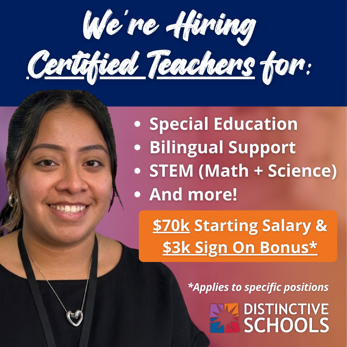 Distinctive_Edu's tweet photo. 📢 We’re hiring certified teachers for Special Education, Bilingual, STEM (Math and Science) and more!! Salaries for certified teachers start at $70,000, with a $3,000 sign on bonus for select positions. 🌟 👉 Apply today: https://t.co/1B0KdmHfPo https://t.co/hMjABNOHUe