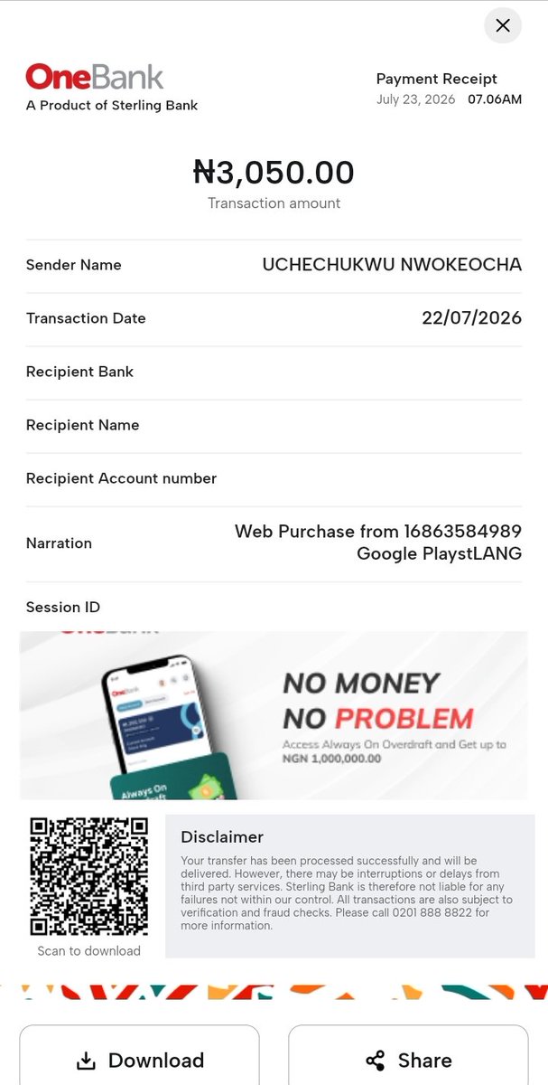 AbujaAffordable's tweet photo. Web Purchase 
16863584989 Google
PlaystLANG
@Sterling_Bankng

My verge debit card was debited for x premium upgrade, unfortunately, i haven't been upgraded since i made that payment -22/07/2026, value date - 23/07/2026

Reported, still no response from
@premium
@Support
@Google https://t.co/Yqbq00Ud05