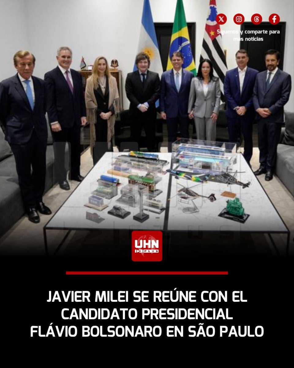 UHN_Plus's tweet photo. 🇦🇷🇧🇷‼️ | El Presidente Javier Milei encabezó un encuentro en el Palacio dos Bandeirantes con el Senador y candidato presidencial brasileño Flávio Bolsonaro. De la reunión participaron la secretaria general Karina Milei, el canciller Pablo Quirno y el gobernador de São Paulo, Tarcísio de Freitas, consolidando la agenda diplomática y las alianzas de la derecha en la región.