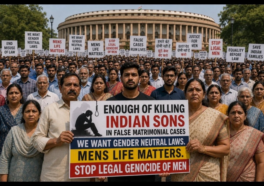 TrumpSaveBharat's tweet photo. Hundreds of Indian men and their parents standing together for one message — enough is enough.

How many more sons must suffer, lose their careers, mental peace, families, or even lives due to misuse of matrimonial laws?

We demand:
• Gender-neutral laws
• Accountability for false cases
• Equal justice for men and women
• Mental health support for victims of legal abuse

Men’s lives matter.
Parents of sons matter.
Families matter.

Stop legal genocide of innocent men.
India needs balanced justice, not selective justice.

#MensLivesMatter #GenderNeutralLaws #JusticeForMen