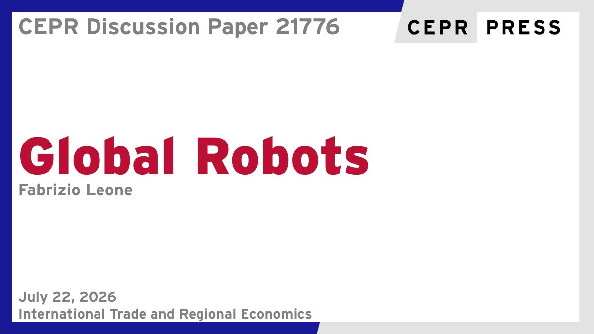 cepr_org's tweet photo. New CEPR Discussion Paper - DP21776 
Global Robots
Fabrizio Leone @fabrizioleone93 @bancaditalia @UfficioStampaBI @CESifoNetwork
https://t.co/V5DgZY1tH2
#CEPR_ITRE #EconTwitter https://t.co/KhRKc70ign