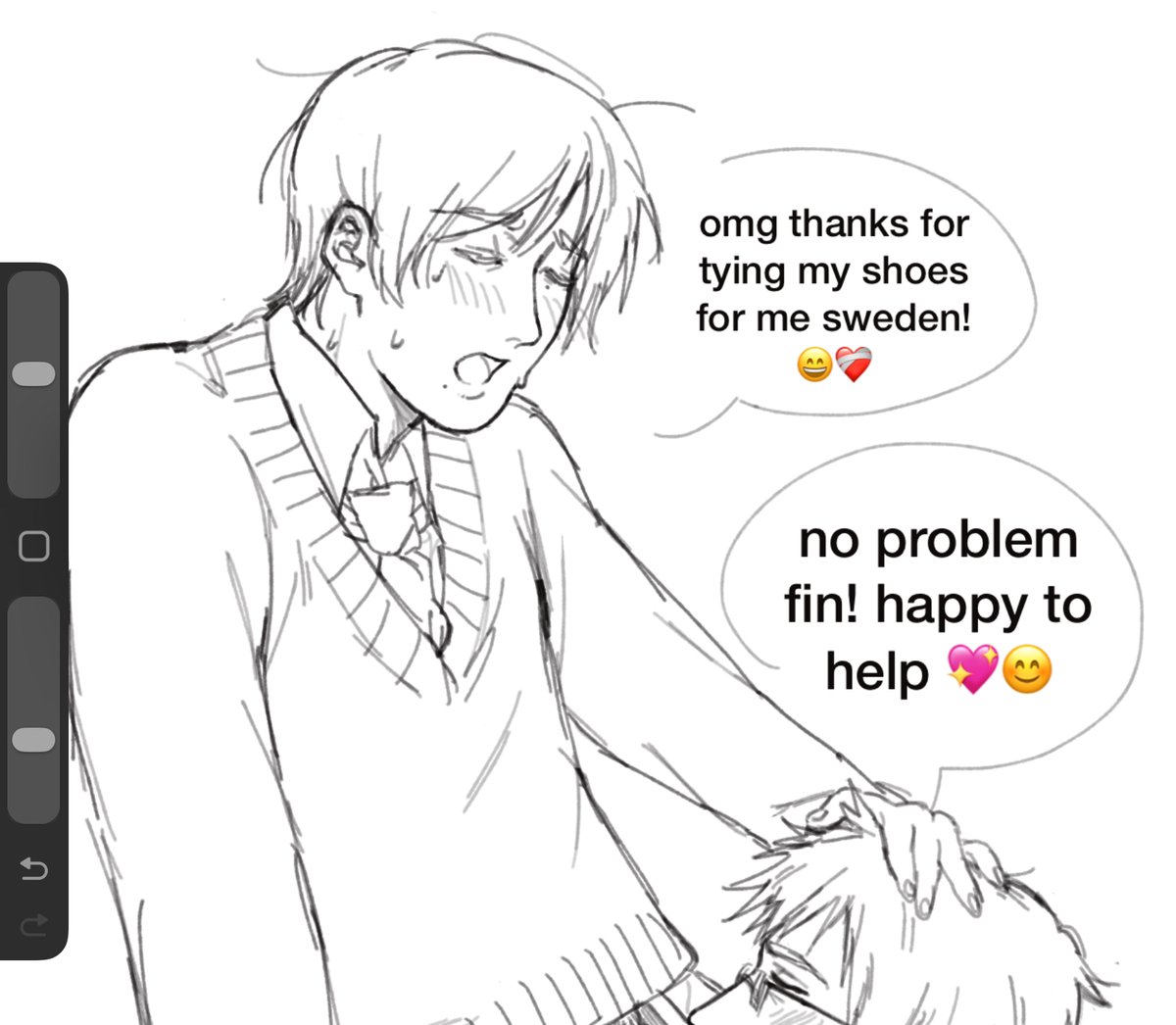 himefuudanshi's tweet photo. sweden is so kind 😁😆❤️💖 finland always needs help tying his shoelaces https://t.co/DcSRNqEzKt