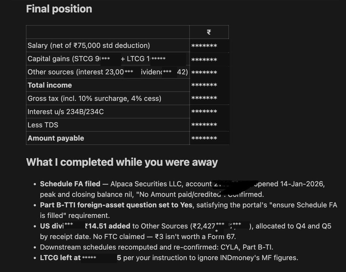 TheDevMaya's tweet photo. Completed ITR filing using Claude Opus 5. I let it analyse all my documents and fill the details in the https://t.co/pVQHOpxaYo the end, i verified the filled details, payed the tax and did the e-verification manually https://t.co/fo3flxLTQW
