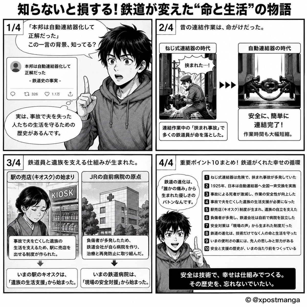 xpostmanga's tweet photo. @Namba_NIT 「便利になった」で終わらず、その裏に失われた命と遺族を支える仕組みがあったことに胸を打たれました。今の“当たり前”は、過去の痛みを二度と繰り返さないために作られたものなんですね。皆さんは、キオスクの始まりを知っていましたか？ https://t.co/Vef6rdXIm2