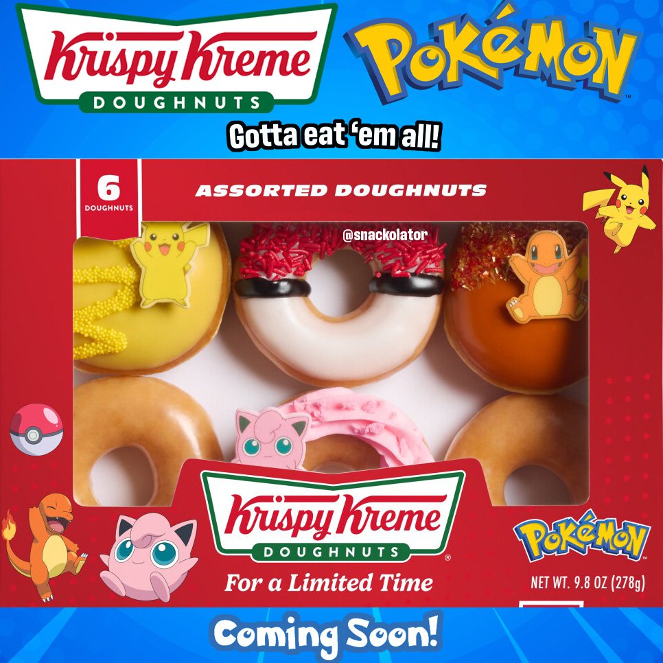 snackolator's tweet photo. Gotta eat 'em all! Pokémon is coming to Krispy Kreme with Pikachu, Charmander, Jigglypuff, and a Pokéball to catch them all in!

These new doughnuts are coming soon (could be this week, could be a little while yet) and while I don't have the flavors, we've got an early look at the donuts that are in the retail package going to grocery stores.

We might get more in the collection, but four in a grocery story pack is already pretty good.

Are you grabbing the Pokémon x Krispy Kreme collection? Stay tuned and I'll update as soon as the official information is available!

#krispykreme #pokemon #pikachu #donuts #doughnuts