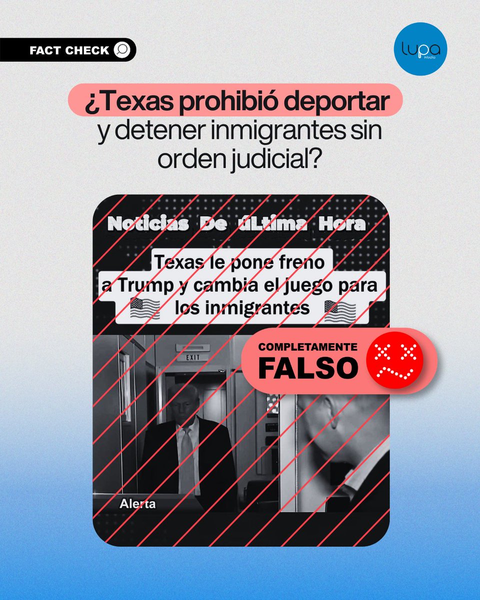 LupaMediaEC's tweet photo. 🔍 #FactCheckLupa | ❌ Texas no aprobó una resolución que prohíba deportar o detener inmigrantes sin orden de un juez estatal, como asegura un video viral en TikTok

¿Cómo lo sabemos? 🤔
 
📄 La supuesta "resolución histórica" no aparece en la página oficial del gobernador Greg Abbott ni en el archivo de leyes y resoluciones de Texas.
⚖️ Tampoco existe registro de esa decisión entre las resoluciones de la Corte Suprema de Texas.
🇺🇸 Las deportaciones están reguladas por la ley migratoria federal de Estados Unidos, no por Texas ni por ningún otro estado.
👨‍⚖️ Una persona solo puede ser deportada por orden de un juez federal o mediante una orden administrativa firmada por un funcionario del Servicio de Inmigración y Control de Aduanas (ICE).
🤖 El contenido usa un avatar generado con inteligencia artificial. Una prueba con la herramienta Hive Moderation detectó un 85% de probabilidad de que el video fue creado con IA.
🚔 Contrario a lo que circula, Texas ha impulsado leyes que amplían, y no restringen, las facultades estatales frente a la inmigración. Un ejemplo es la SB4, que amplió las atribuciones del estado para detener a personas sospechosas de haber cruzado la frontera sin autorización.

➡️ Revisa la verificación completa: https://t.co/IetbSpFA8j

Artículo original de @factchequeado