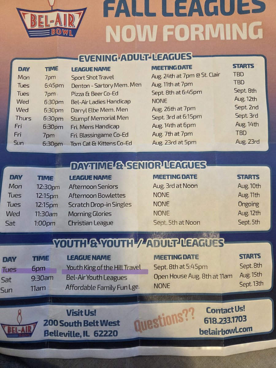 BWGirlsBowling's tweet photo. Here is the upcoming league list. I recommend doing the youth king of the hill on Tuesdays. It's great practice leading up to tryouts. If you have any questions, let me know!! https://t.co/eR18JbJLt9