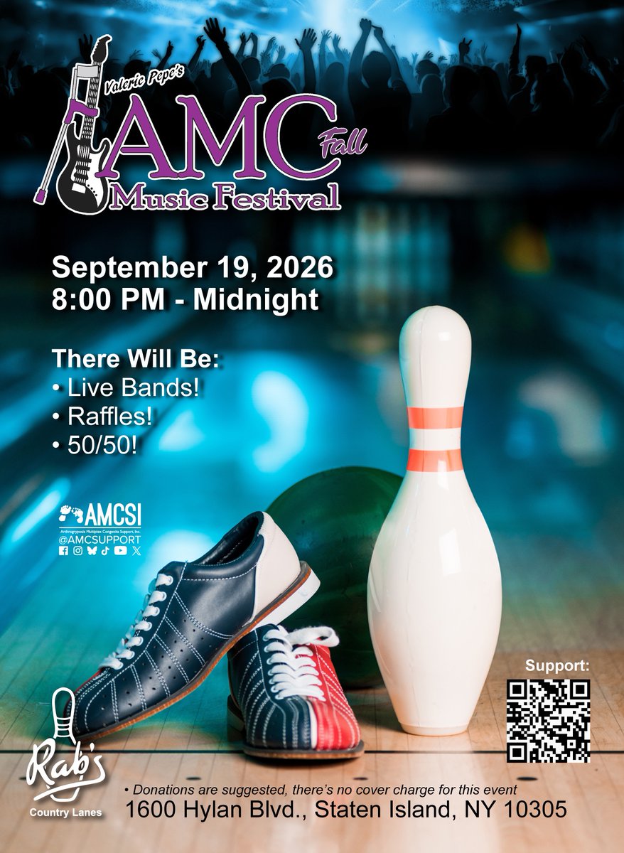 amcsupport's tweet photo. π΅ Join us Sept. 19th for Valerie Pepe's AMC Fall Music Festival!
Enjoy live music, bowling, raffles, and more while supporting AMCSI.
π Rab's Country Lanes, Staten Island
π 8 PM to Midnight
Learn more:
https://t.co/8nSOCkSBOw
#SupportAMCSI #LiveMusic #AMCStrong https://t.co/RPZkgMAeDg