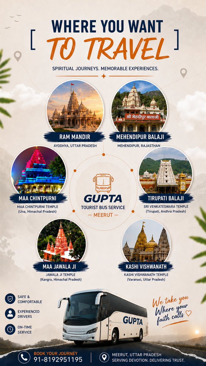 GuptaBusMeerut's tweet photo. Planning a spiritual journey? 
🛕 Travel together in comfort, safety, and convenience with our reliable bus rental service. Perfect for temple tours, pilgrimages, family groups, and religious events.

Book your pilgrimage bus today and make every mile part of a memorable journey https://t.co/x5evyP5xHV