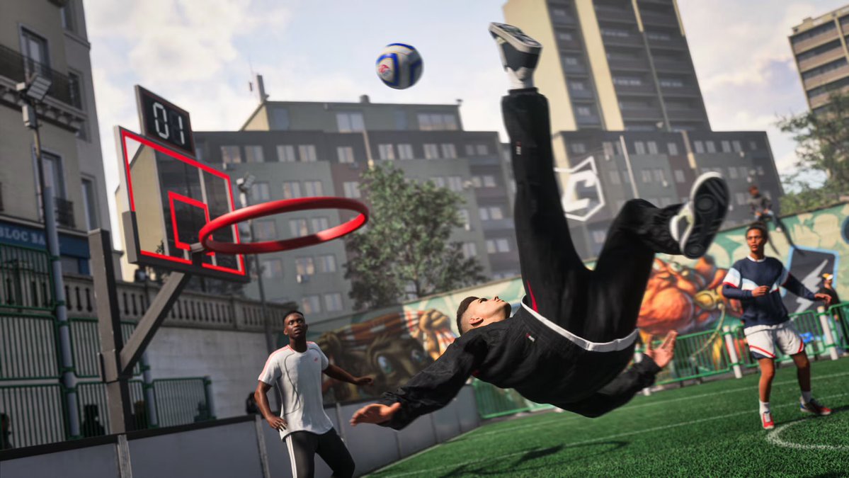 LukeHighoneHigh's tweet photo. Yo @EASPORTSFC

That first image looks kind of fun and all.

But it points to the fact you are 10 years behind 2K on doing this.

An easy win would be street ball + Teqball and Futnet.

Lean into what already exists in football culture rather than borrowing from NBA. https://t.co/jd3xO9qWvp