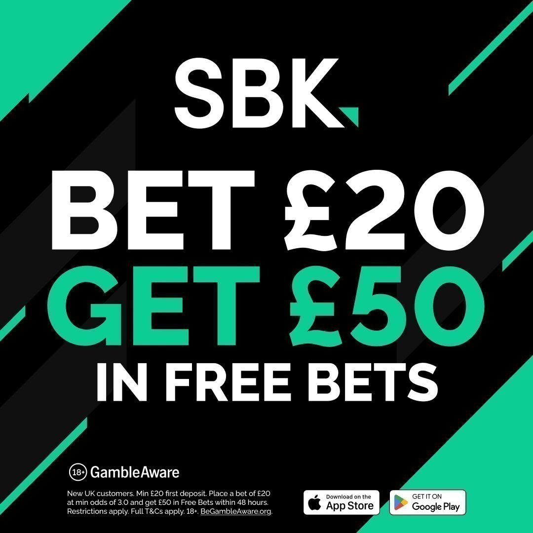 bettingvillage's tweet photo. Bet £20 and get £50 in free bets with SBK!

Here 👉 https://t.co/O5kkpDzFWr

Bet £20 at 2/1 or greater to get £50 in free bets (UK Only).

New customers only.

18+ https://t.co/a7lpD3SLWQ #AD T&amp;Cs apply. https://t.co/CmL5FslfAy