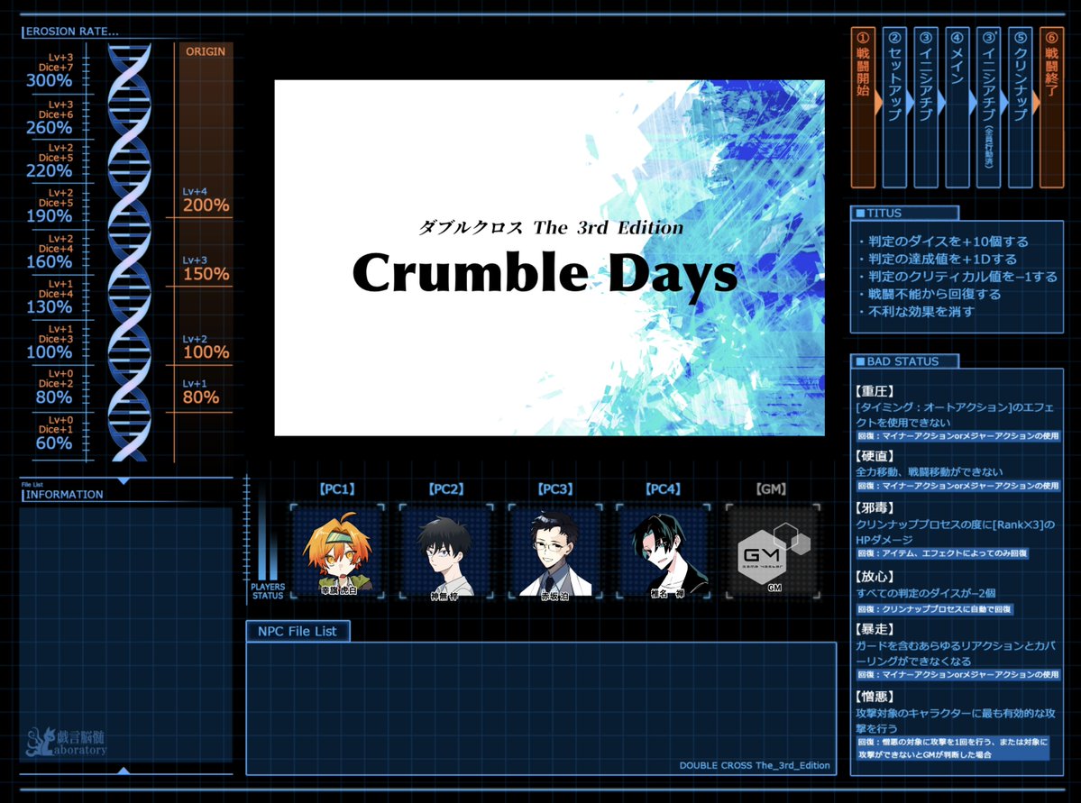 A_htrgt_00's tweet photo. DX3rd 
Crumble Days

GM：UO
PC/PL：PC1【幸旗 虎白】出
　　　   PC2【神無 梓】青海
　　　   PC3【赤坂 泊】やわた
　　　   PC3【椎名禅】天津風

初4PL回させていただきました〜〜〜〜！初心者卓、公式シナリオ回させていただきました！
ウヒョ〜〜〜〜！いい景色が見れてハピ〜〜〜！来てくださってありがとうございました！！！