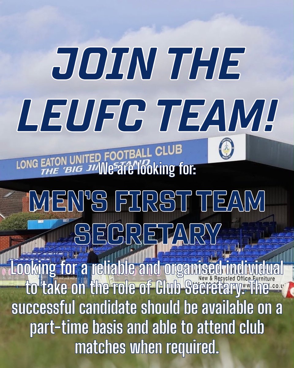 LongEatonUnited's tweet photo. 🚨 WE’RE HIRING | MEN’S FIRST TEAM SECRETARY

Requirements:
⚽ Experience as a Football Secretary at Step 4 or above
📋 Knowledge of FA systems, including IFAS and MOAS
🗓️ Availability to attend all Men’s First Team fixtures.

📧 Email zakdargan7@gmail.com. 

#YouBlues🔵⚫️ https://t.co/eiZTpxbCIV