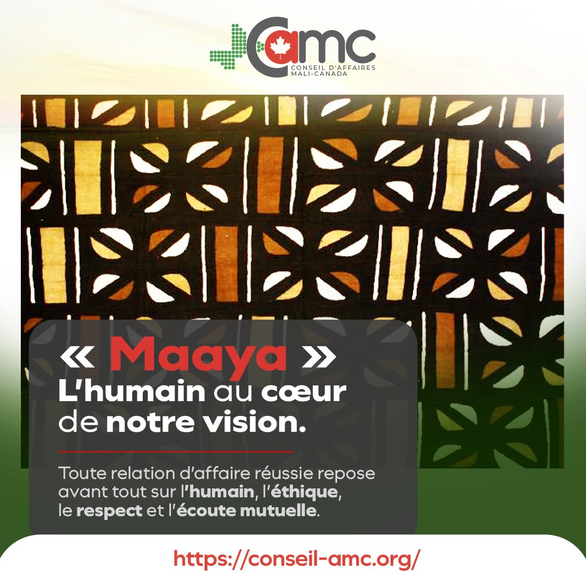 CAMaliCanada's tweet photo. Bâtir des ponts durables commence par des connexions humaines fortes.
Cette valeur reflète notre vision d’affaire éthique pour mieux accompagner vos projets bilatéraux.
Rejoignez notre réseau: https://t.co/INQOK9S5Ks

#CAMC #MaliCanada #CooperationBilaterale https://t.co/gswxPwE9oA
