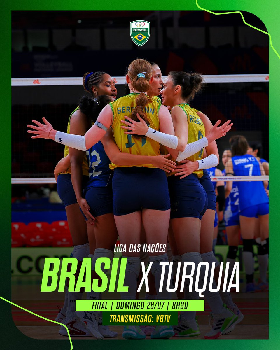 timebrasil's tweet photo. CONFRONTO DEFINIDO! 🇧🇷🏐

Neste domingo (26), a Seleção Feminina de Vôlei entra em quadra às 08h30 (horário de Brasília), para a final da Liga das Nações!

Vamos torcer e mandar energias positivas! BORA, BRASIIIIIIL! 💚💛

#TimeBrasil #Vôlei https://t.co/DypQSExFGr