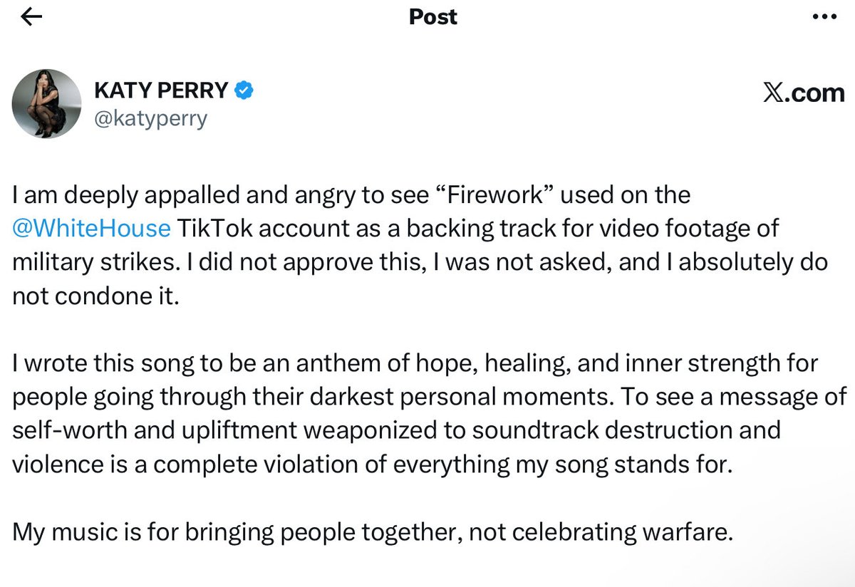 PInsider_'s tweet photo. 🚨 | Katy Perry speaks out about White House using Firework on a recent military strikes video:
“I did not approve this and I absolutely do not condone it” https://t.co/cV9J0hAu6c