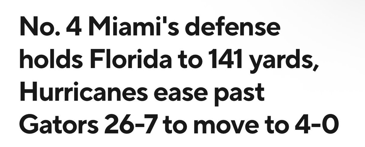 MericanGooner's tweet photo. @Elopez512 @jmuno13 @HunterMaher20 @DayTimeSZN @CFBKings Key phrase from the AP headline: Miami ease past UF. Their defense played tough. It’s a rivalry game that garners a lot of deep animosity from both sides. But UM was never worried. Mark Fletcher &amp; the OL kept exerting their will and our DL lived in their backfield all game https://t.co/bHapMg2x2g