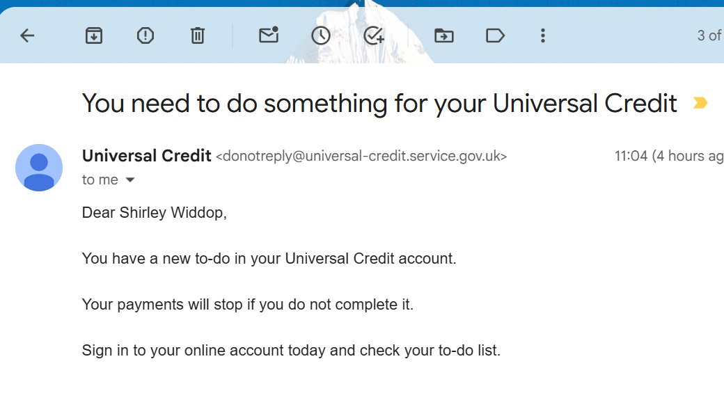 Psychologicsal's tweet photo. The sheer dread when you receive a #UniversalCredit message from #DWP on a Saturday morning can never be underestimated. Not b/c you're a fraudster, but if you answer a question wrong/incorrectly/misunderstand, you risk being sanctioned. @andyburnham @stephenctimms @UKLabour https://t.co/mIghTnj73a