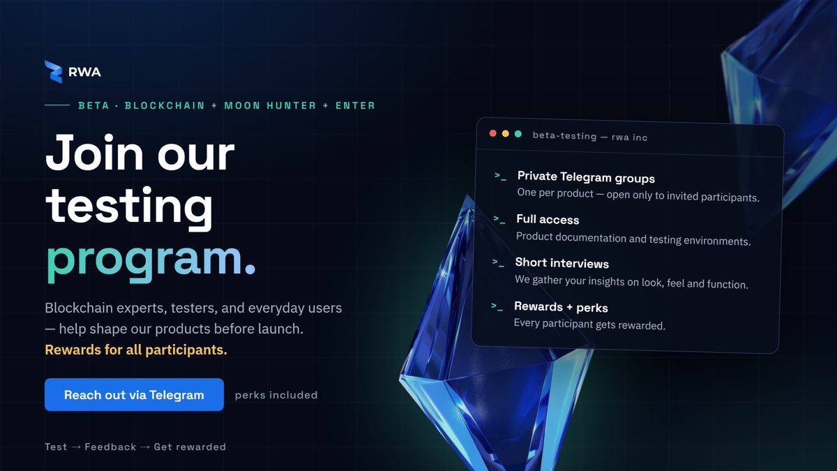 RWA_Inc_'s tweet photo. JOIN OUR TESTING PROGRAM 

Our Blockchain, Moon Hunter and ENTER, are ready to launch and we’re looking for skilled blockchain experts, testers, and everyday users. We want your honest feedback on product look, feel, and functionality before we go live.

What’s involved:
• A dedicated Telegram group for each product, open only to interested and invited participants
• Full access to product documentation and testing environments
• Short interviews to gather your insights
- Rewards for all active participants, perks included. 

If you’re interested in shaping these products before launch, we’d love to have you on board. Reach out via Telegram

- https://t.co/dNPpj6UGPu

- https://t.co/H5QPv79g9V

- https://t.co/vqixcOpNsK