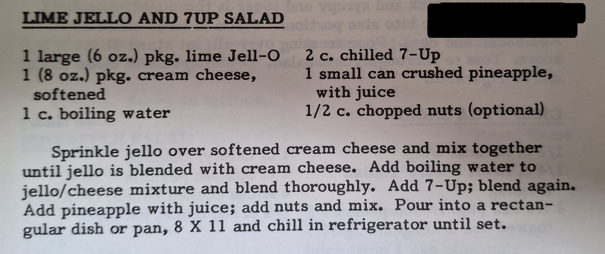 Re2OldFOOD's tweet photo. Lime Jello and 7UP Salad -- 1970s or 80s
You can use any lemon/lime soda in place of 7UP. Any chopped nuts will work in this recipe, if adding them.
#LimeJelloAnd7UPSalad #limejello
#vintagerecipe #jellosalad #7UP
#pineapple https://t.co/vxDsQnhLFv