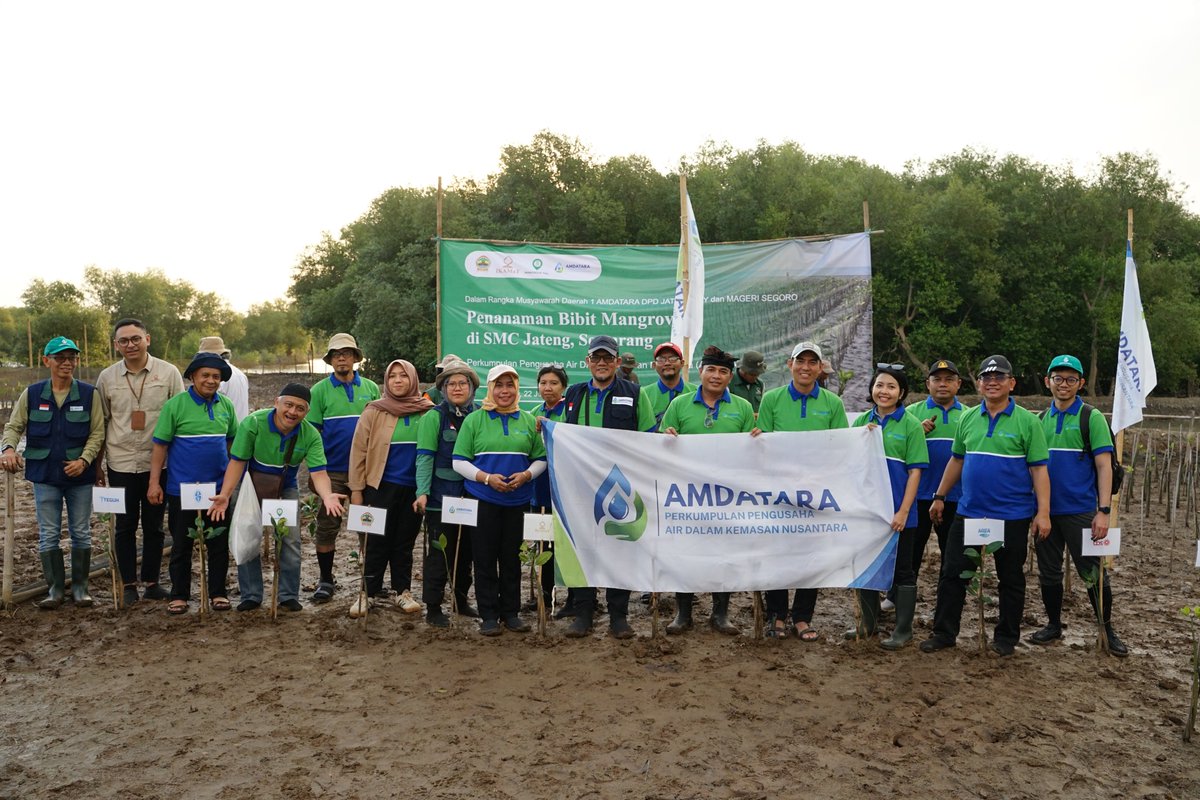 amdatara's tweet photo. 🌱 Perkumpulan Pengusaha Air Dalam Kemasan Nusantara (AMDATARA) menanam ratusan bibit mangrove di pesisir Mangunharjo, Semarang, bersama Yayasan IKAMaT dan DLHK Jawa Tengah. Kegiatan ini menjadi bagian dari Musda I AMDATARA Jateng–DIY sekaligus memperingati Hari Mangrove Sedunia 2026.
💧 Ketua Umum AMDATARA, Karyanto Wibowo, menegaskan bahwa penanaman mangrove adalah wujud nyata kontribusi industri air minum dalam menjaga keberlanjutan sumber daya air dari hulu hingga hilir. Mangrove berperan penting melindungi pesisir dari abrasi dan intrusi air laut.  AMDATARA berharap langkah ini menjadi awal kolaborasi lebih luas antara dunia usaha, pemerintah, dan masyarakat dalam menjaga ekosistem pesisir demi ketahanan lingkungan dan kesejahteraan masyarakat.