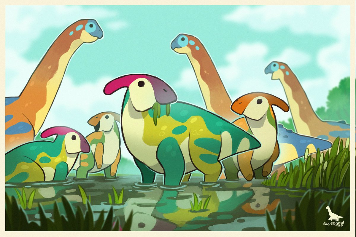 squeegool's tweet photo. Parasaurolophus x Alamosaurus 

i just want to draw paras with bigger sauropods 

#paleoart https://t.co/xqZ145sjta
