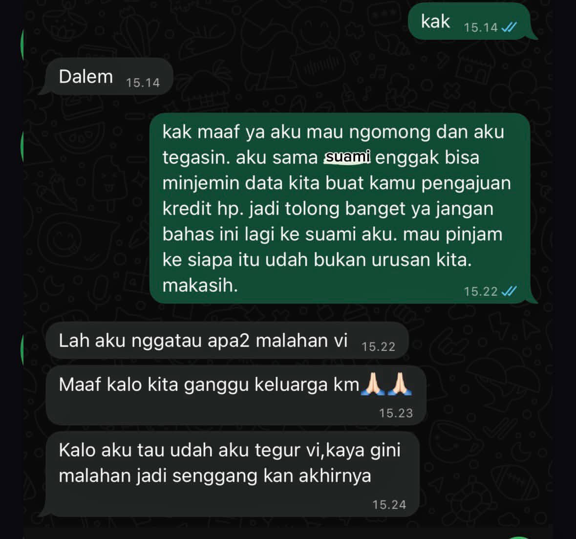 KanjengRat4u's tweet photo. Istri to istri deh. ini yang aku lakuin udah bener kan ya? aku langsung to the point ke ybs karena suami aku tuh orangnya ga enakan buat nolak secara langsung. apalagi suami ybs notabenenya adalah temen deket suami aku. ini aku berlebihan ga sih?￼
cc: pivimys https://t.co/9Xa0IGjPig