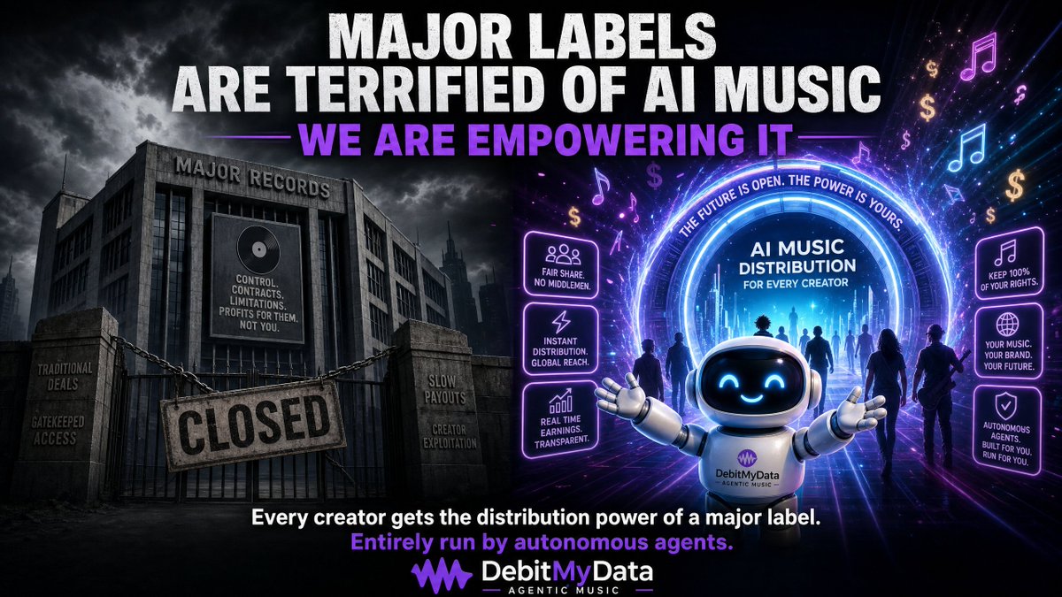DebitMyDataTV's tweet photo. AI music is opening new possibilities for creators.

🎵 Agentic Music is built to help you go beyond creation—giving you tools to distribute your music, manage licensing, and monetize your work with autonomous AI assistants.

Create more.

Manage less.

👉 Learn more:
https://t.co/M15gtx3veQ
#AIMusic #AI #CreatorEconomy #AgenticAI