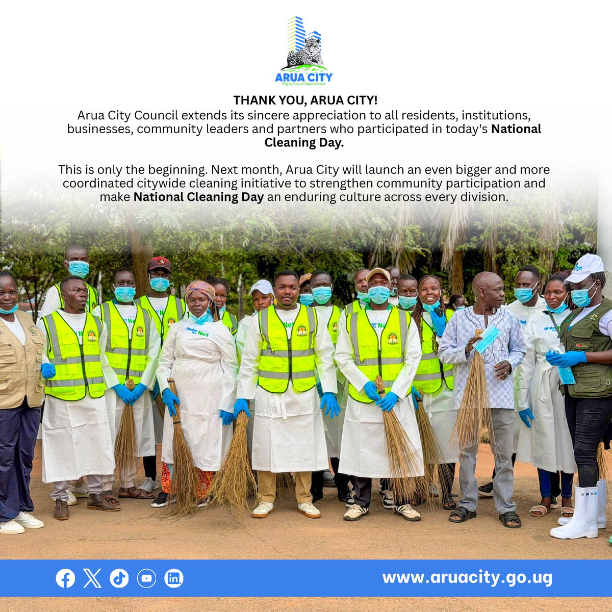 LAlionzi's tweet photo. Arua City Council extends its sincere appreciation to all residents, institutions, businesses, community leaders and partners who participated in today's National Cleaning Day.

This is only the beginning. Next month, Arua City will launch an even bigger and more coordinated citywide cleaning initiative to strengthen community participation and make National Cleaning Day an enduring culture across every division.