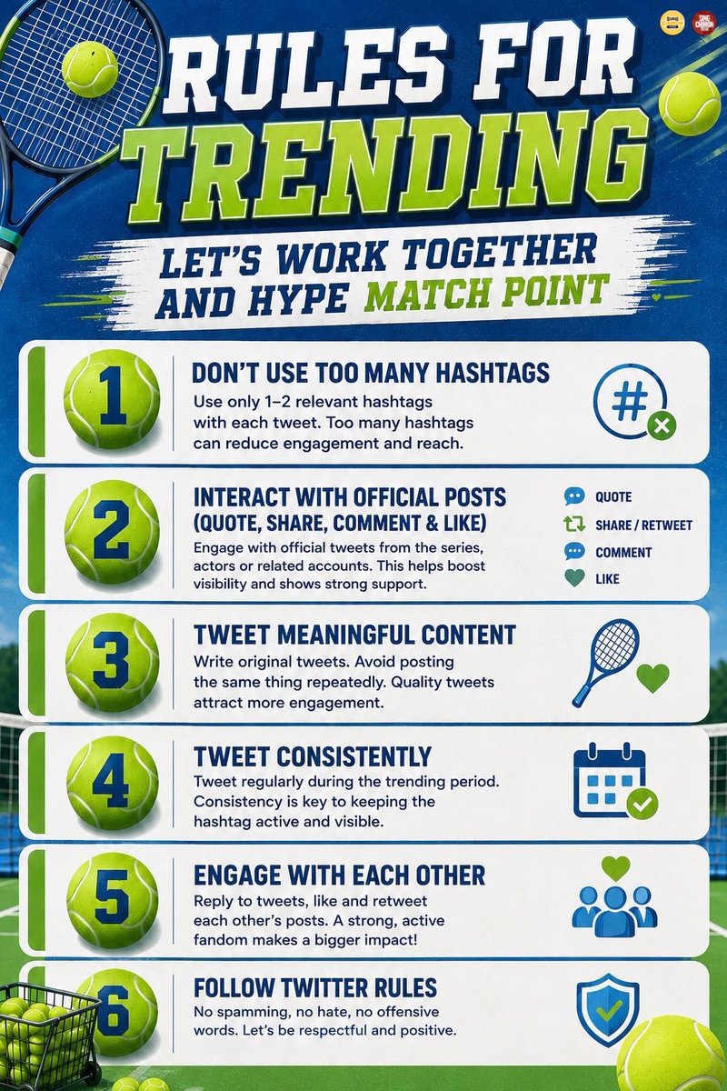 SingChimonFans's tweet photo. Please read the trending rules to prepare for the ‘Match Point’ premiere. Let’s give it our all and make tomorrow unforgettable 🎾💙

#MatchPointSeries
#SingChimon https://t.co/ZvIxAMmnU7