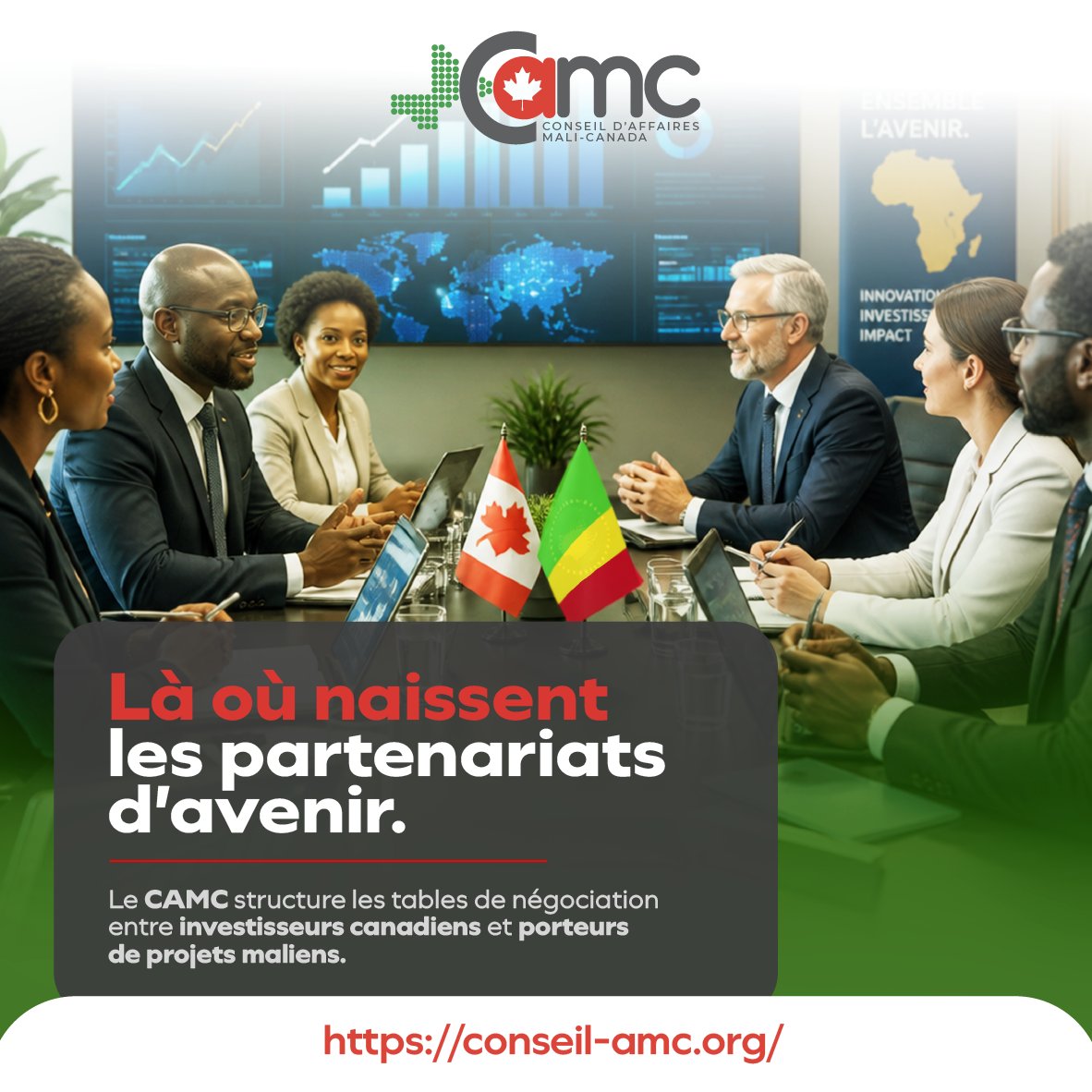 CAMaliCanada's tweet photo. Passer de la vision aux partenariats d'avenir.
Le CAMC structure des tables de négociation stratégiques entre les investisseurs canadiens et les porteurs de projets maliens. 🇲🇱🇨🇦
Pour donner vie à vos ambitions, rendez-vous sur: https://t.co/INQOK9SDA0

#CAMC #B2B #Mali #Canada https://t.co/3xYDQ2bxxL