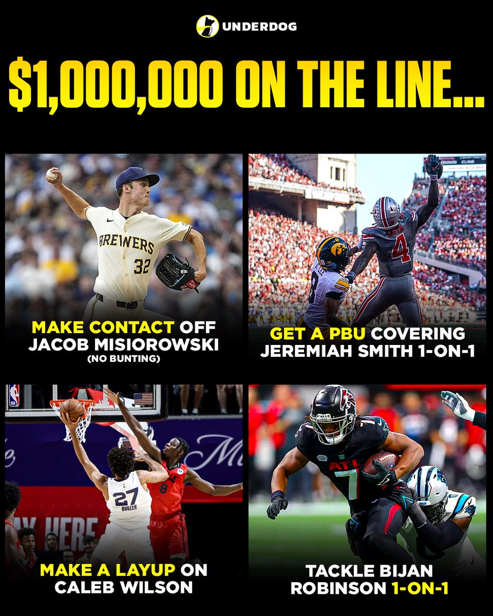 Underdog's tweet photo. You have 100 attempts at one of these challenges.  

You win $1,000,000 if you complete it.  

Which are you choosing? https://t.co/aZLVhE1WhZ