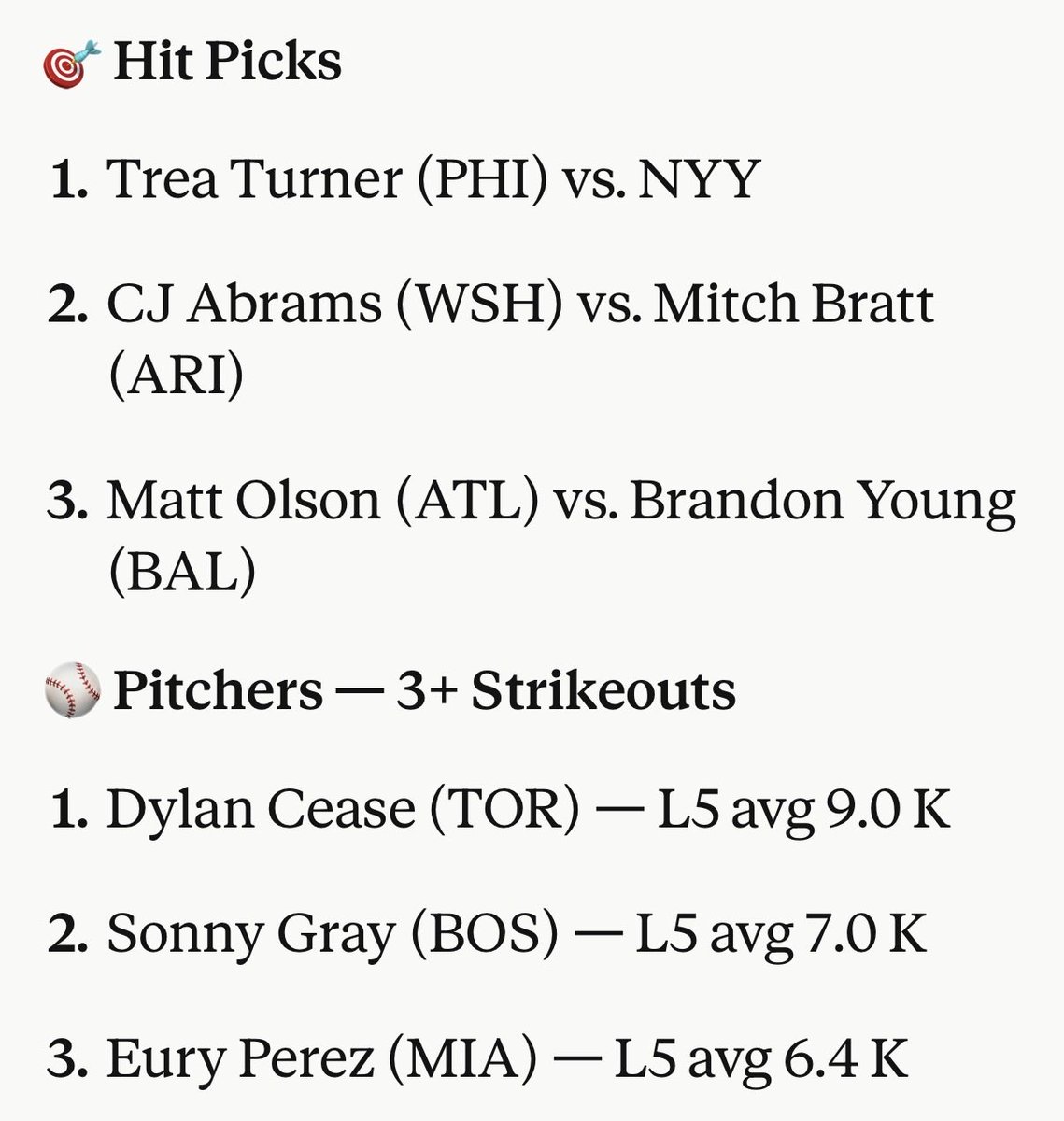 Ecombets's tweet photo. ⚾️🧢💪🏼MLB Sat 7/25 picks: Hits &amp; Strikeouts 🎯

Three hit plays. Three pitchers going 3+ K. All backed by ZTR — zero guessing, just data.

Full breakdown below 👇 Follow so you don’t miss tomorrow’s slate.

#MLBPicks #SportsBetting #MLB https://t.co/Q9eViXiJNT