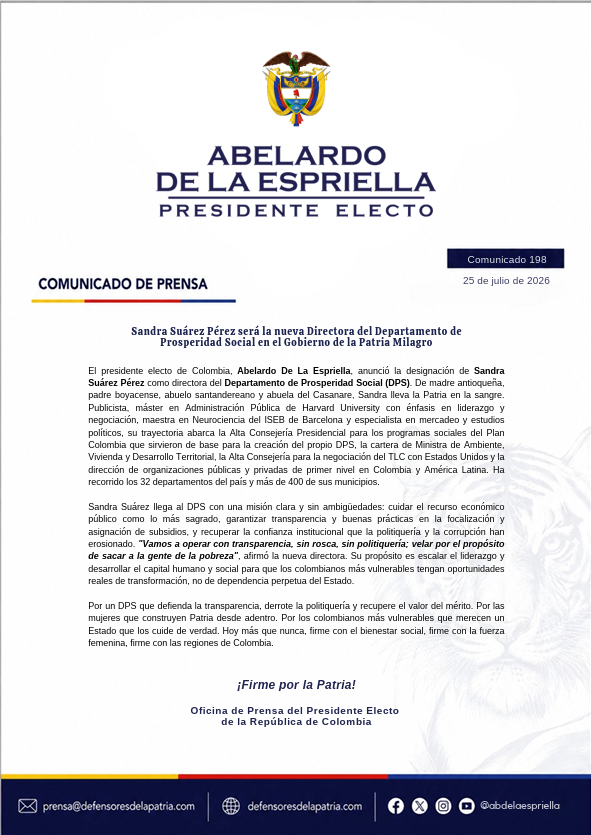 BluRadioCo's tweet photo. El presidente Abelardo de la Espriella designó a Sandra Suárez como nueva directora del Departamento de Prosperidad Social para su gobierno que comienza el 7 de agosto. Suárez fue ministra de ambiente del gobierno del expresidente Álvaro Uribe Vélez  y gerente de la campaña presidencial de Vicky Dávila. #VocesySonidos