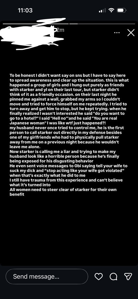 ProjectPatfyl's tweet photo. Starker accused of Sexual Assault in Japan. Sharing for awareness and safety for women if you plan to go to their shows. This is what the victim has said blurring her username for her safety: https://t.co/96VR6HZJq2