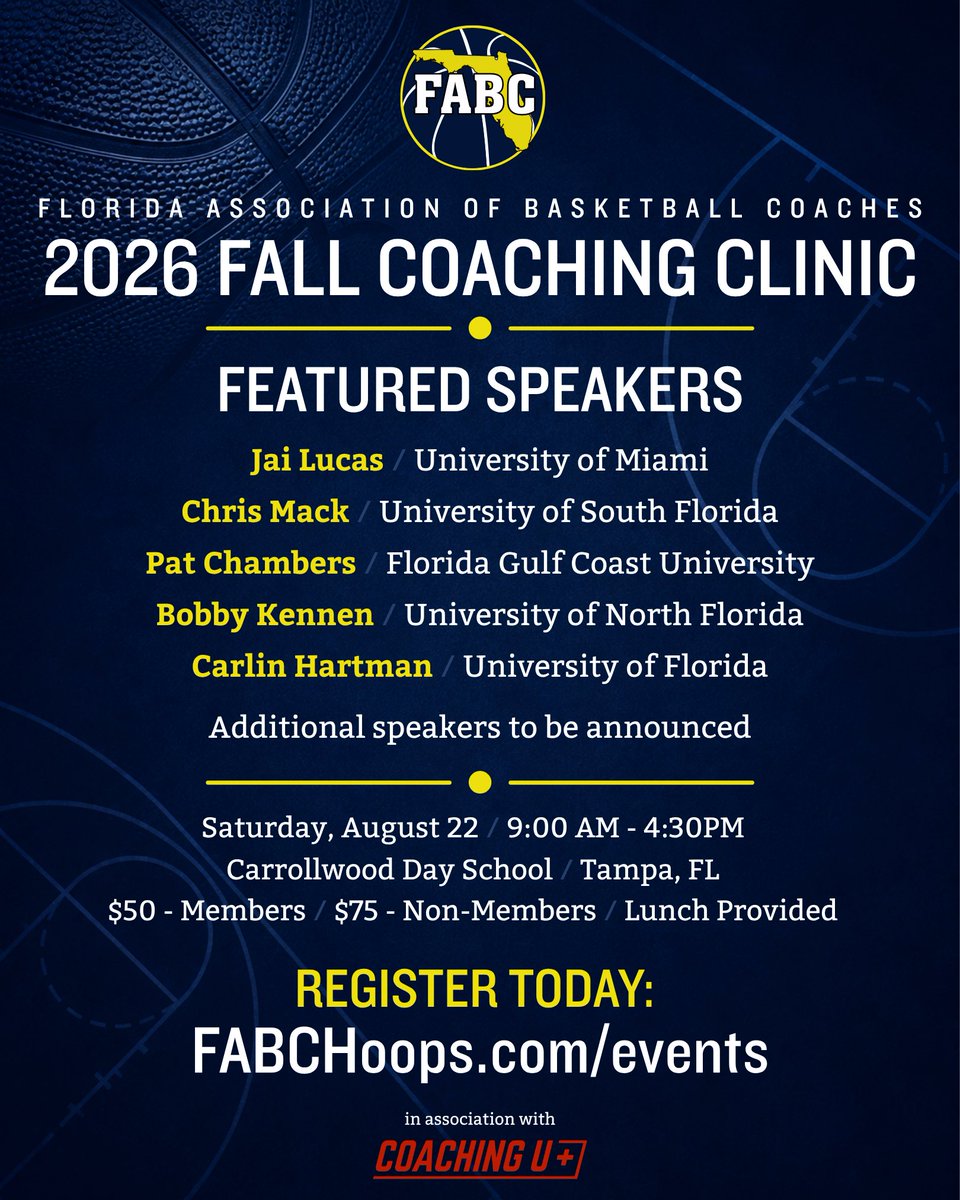 FABCHoops's tweet photo. 📍 Carrollwood Day School / Tampa
📅 Saturday, August 22
⏱️ 9:00 AM - 4:30 PM

✅ Lunch Included
✅ Members: $50
✅ Non-Members: $75 (includes annual FABC membership)

Register today - https://t.co/0qPbH0REUu 

See you in Tampa! https://t.co/Jrk7a23j8e