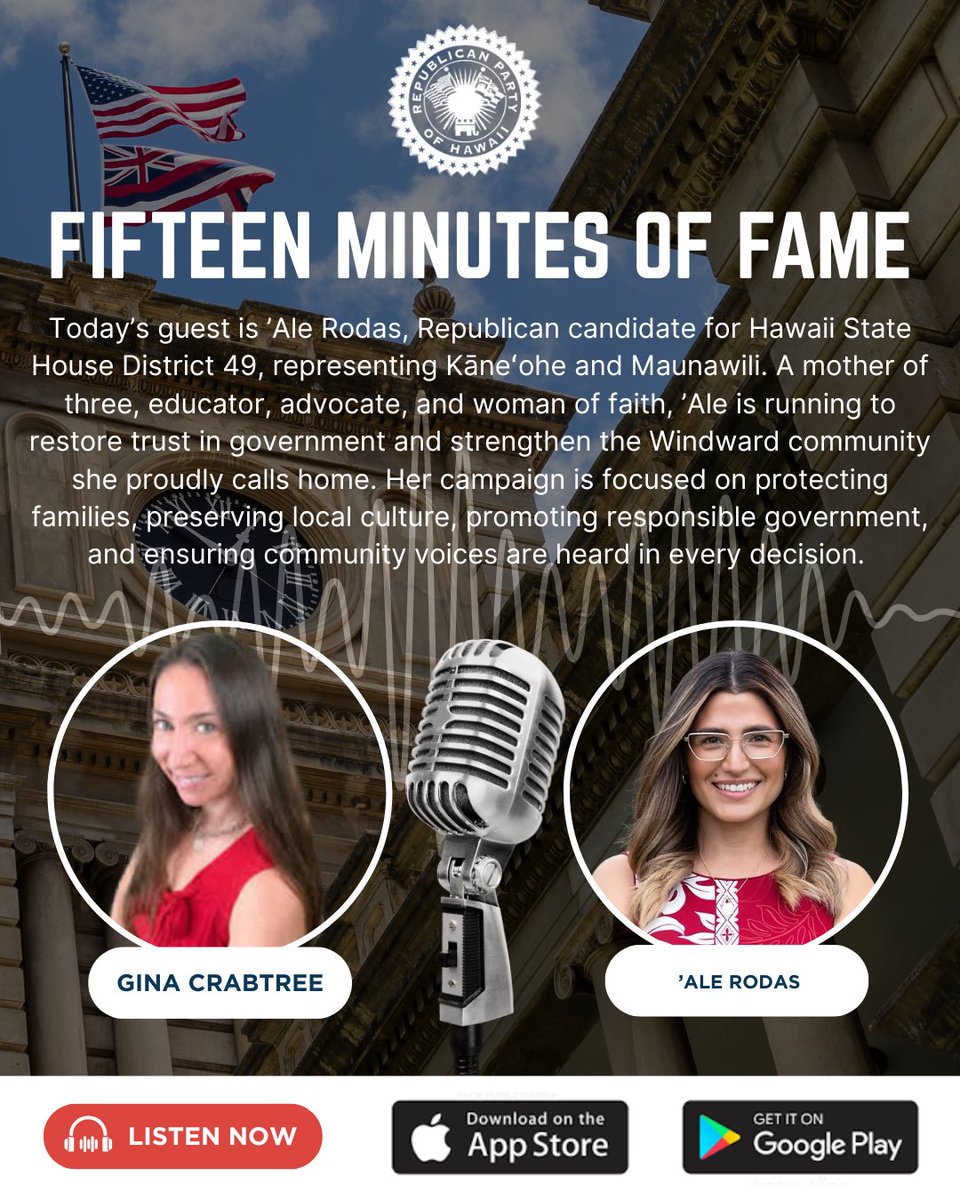 theanswerhawaii's tweet photo. 🎙️ ’Ale Rodas joins 15 Minutes of Fame with Gina Crabtree to discuss her campaign for Hawaii State House District 49 and her vision for Kāneʻohe and Maunawili.
🎧 Search “15 Minutes of Fame with Gina Crabtree” wherever you get your podcasts.
#15MinutesOfFame #AleRodas #Hawaii https://t.co/2gvYavmSo8