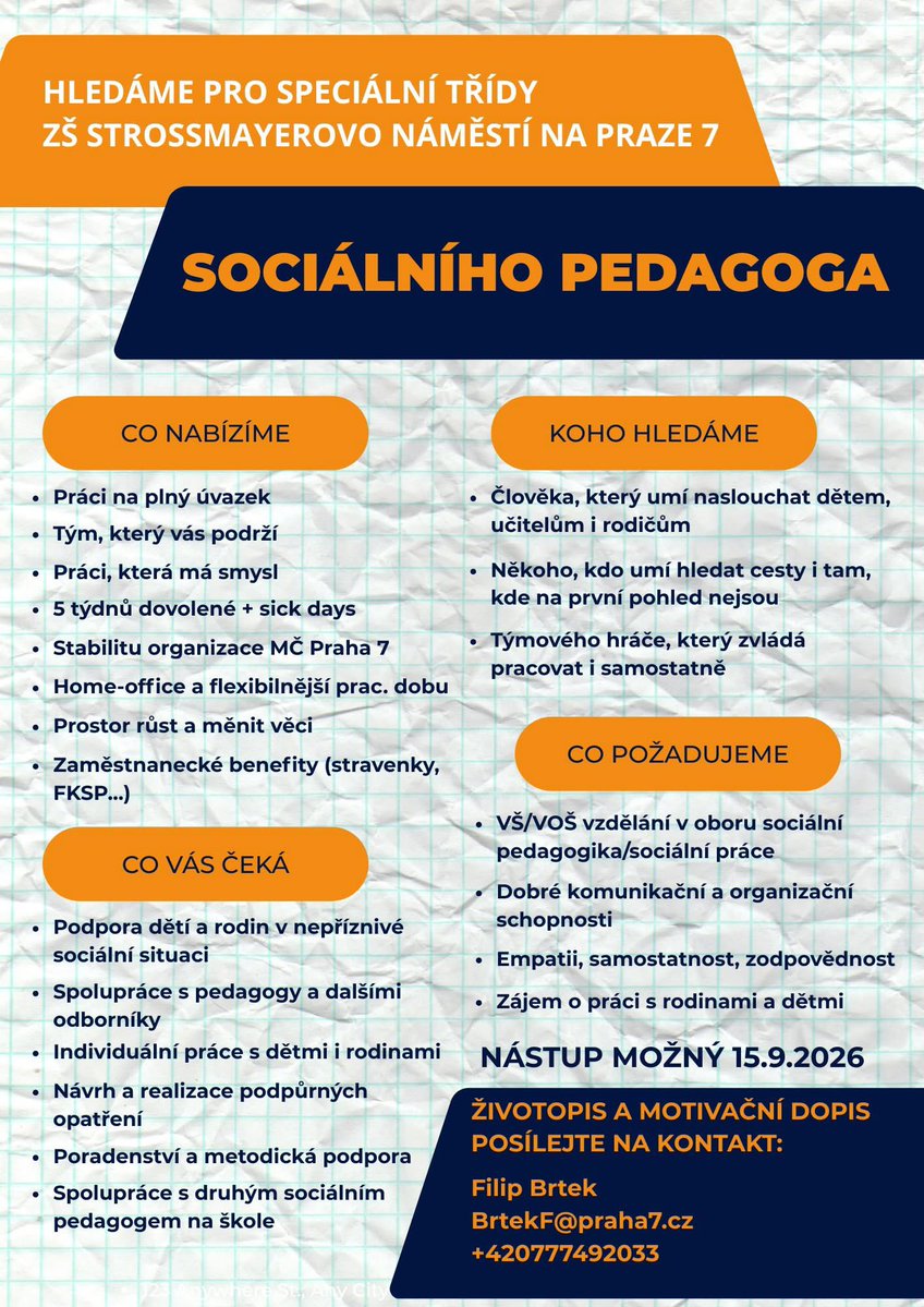 VAdamusova's tweet photo. Hned dvě školy v Praze…🙂
A mrkněte na náš FB Asociace sociálních pedagogů - zde jsou další volné pozice pro Sociální pedagogy 🙂🫶🏻👇

Nabídka práce -> Praha 7 hledá sociální pedagogy do svých 2 základních škol! 👍 

➡️ Více informací viz letáčky níže. ⬇️ https://t.co/bWnU9AslMw