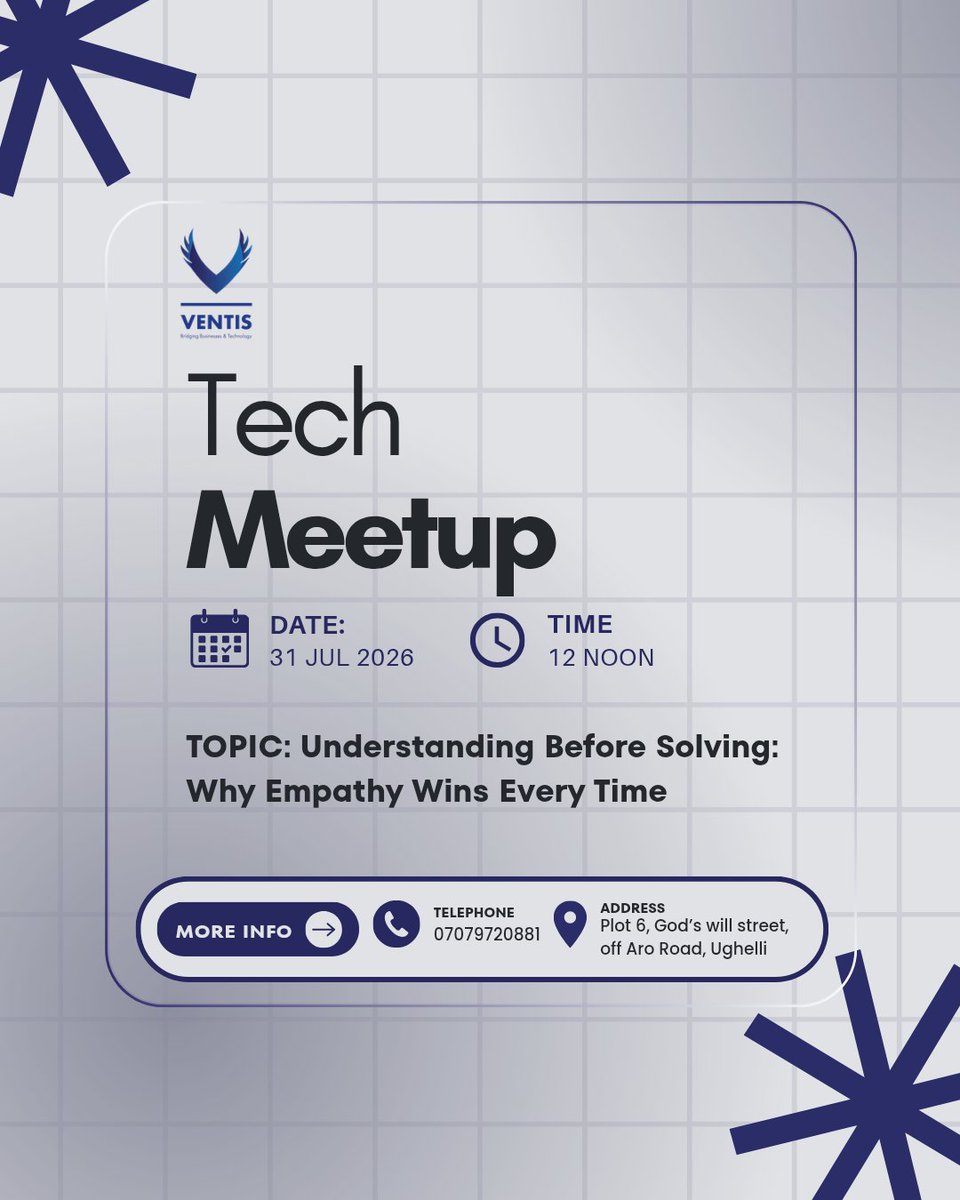 d_blsd_designer's tweet photo. I am honoured to be given the opportunity to speak on the topic: Understanding Before Solving: Why Empathy Wins Everytime 

@ Ventis Tech Meetup next week Friday. If you are around or in Delta State, let's meetup. https://t.co/6x6lcoQgjj