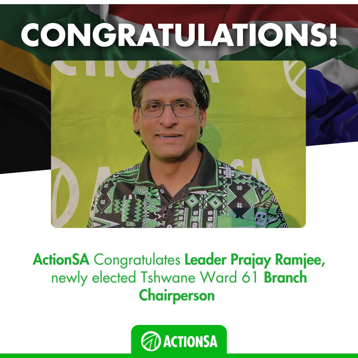 TshwaneActionsa's tweet photo. Congratulations to Leader Prajay Ramjee on your election as the ActionSA Tshwane Ward 61 Branch Chairperson!

Wishing you every success as you take on this important leadership role. May your tenure be marked by integrity, unity, and a steadfast commitment to serving the residents of Ward 61. We are confident that your leadership will strengthen the movement and help build a better future for the community.

Congratulations once again, and all the best for the journey ahead! 💚🇿🇦 #ActionSA #Ward61 #DrNasiphiMoya4Mayor #LetsFixSouthAfrica #5MoreYears